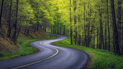 Obraz premium Winding Through Emerald Embrace: A serpentine road curves through a vibrant green forest, bathed in the soft light of spring. 