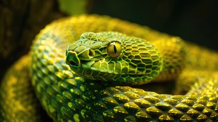 Fototapeta premium A vibrant green snake with a mesmerizing yellow eye watches intently, its scales shimmering in the soft light