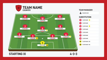 Football or soccer match starting lineups formation 433 and field infographic. Set of football player positions on soccer field. Football kit with soccer jersey icons in flat design.