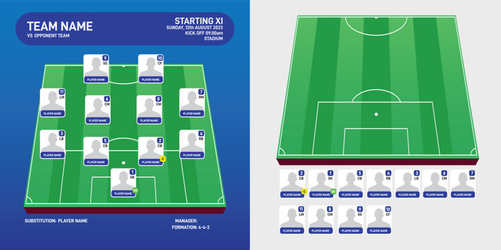 Football team formation blue kit template. World Soccer or football field with 11 avatar with numbers vector illustration. soccer starting lineup