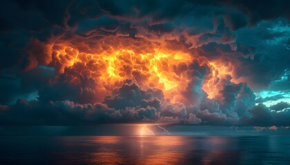 A stormy sky with lightning striking the ocean