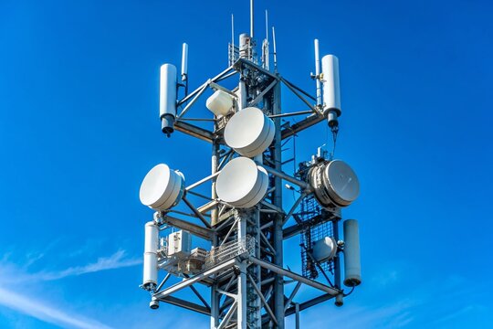 A close-up shot of a modern signal antenna tower emitting micro waves, illustrating 5G internet connection and advanced telecommunications technology amidst a clear blue sky.