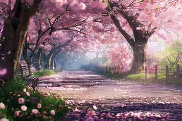 Naklejka premium A serene pathway adorned with blooming cherry blossom trees bathed in soft sunlight