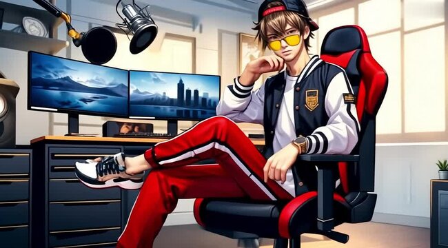 Male anime character sitting in a chair with a relaxed posture, wearing a white jacket, red pants, and a red cap, styled with sunglasses and a confident expression.