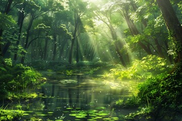A Serene Forest Pond Illuminated by Sun Rays Filtering Through the Lush Canopy