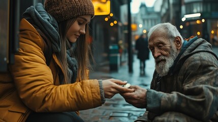 Fototapeta premium Young woman gives a coin to a homeless man