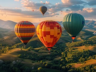 Fototapeta premium Hot Air Balloons Soaring Over Lush Green Landscape