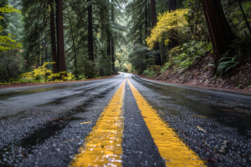  Tranquil nature landscape: scenic forest road with trees, highway, and path