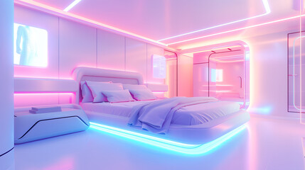 Futuristic bedroom interior design white furniture neon light metaverse living space