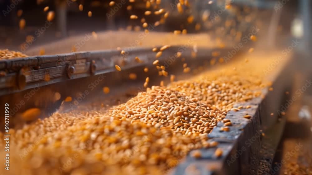 Poster This Wheat grains are being processed and sorted in a busy facility.