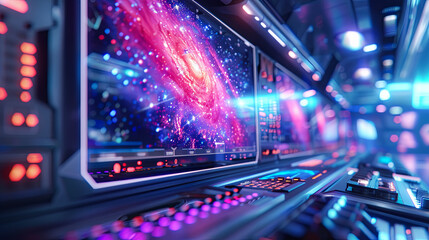 Obraz premium Spaceship interior futuristic technology screen interface galaxy exploration gaming pc stream setup live broadcasting neon lights background wallpaper digital art illustration design concept