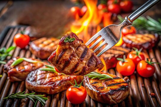 fork pick up grilled meat on bqq with burning flame