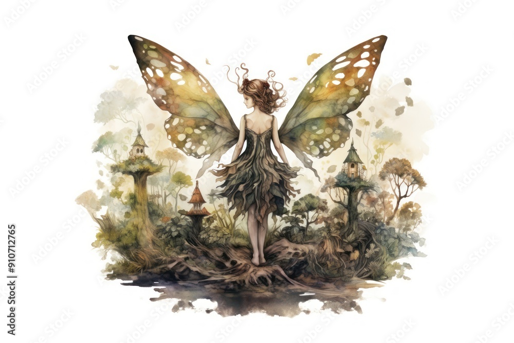 Sticker Forest fairy angel white background.