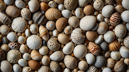 Obraz premium A Textured Background Featuring a Mix of Small Shells and Pebbles, Highlighting Natural Coastal Elements with a Focus on Earthy Tones and Organic Patterns