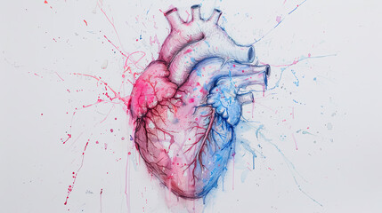 Watercolor painting anatomical heart red blue splatters medicine cardiology science healthcare art anatomical art veins arteries love romance passion feelings emotion