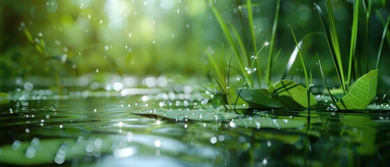 Harmony of Pond Ecosystem: Lush Grass Cultivation Supporting Diverse Flora and Fauna in
