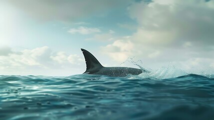 Fototapeta premium Cinematic shot of a shark's dorsal fin breaking the surface of the water.