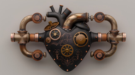 Obraz premium A steampunk mechanical heart, intricately designed with gears and pipes.