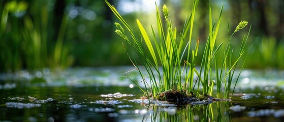 Fototapeta premium Serene Pond with Lush Green Grass - Tranquil Nature Landscape by the Water's Edge