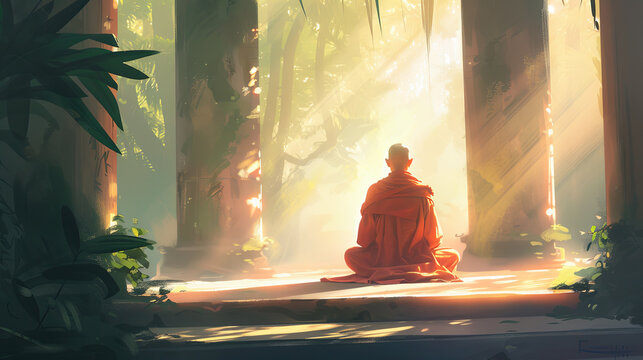 Buddhist monk meditating inside temple meditation mindfulness peace zen spiritual wisdom enlightenment asia practice tradition culture religion faith solitude contemplation harmony - Powered by Adobe