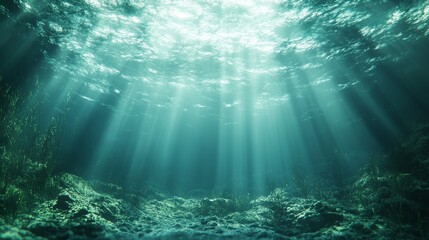 Obraz premium Tranquil semi realistic underwater perspective, shot from bottom to top, with green and blue tones on the water surface. Dreamy light penetrates the water surface, creating a peaceful atmosphere