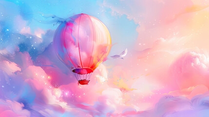 Obraz premium Pink hot air balloon flying in pastel cloudscape dreamy sky background travel adventure freedom fantasy concept wallpaper illustration digital art