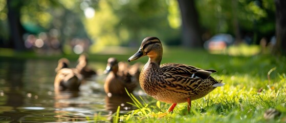 Fototapeta premium Tranquil Scene of Ducks Grazing on Green Grass by the Pond