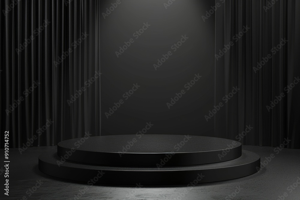 Poster Black Stage with Two Circular Platforms and Curtains