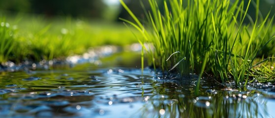 Fototapeta premium Serene Reflection of Lush Green Grass in Tranquil Pond Water