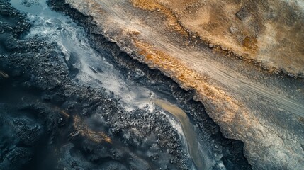 Overlooking the barren black sandy land of Iceland from a high altitude, captured vertically by a drone, presenting soft tones and showcasing the harsh and ruthless natural landscape