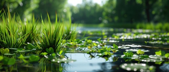 Lush Grass and Pond Ecosystem Vibrant with Diverse Flora