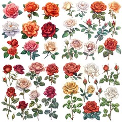 Vibrant Flower Artwork Set, Scrapbooking Art Concept, Gardening Brand Logo, Floral Sticker Sheet, Isolated Floral Clipart Design, Natural Beauty Plant Collection, White Background Easy Custom Editing