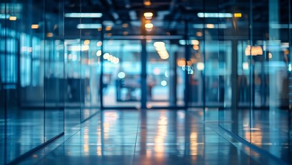 Fototapeta premium Abstract View of a Glass-Walled Hallway with Blurred Lights