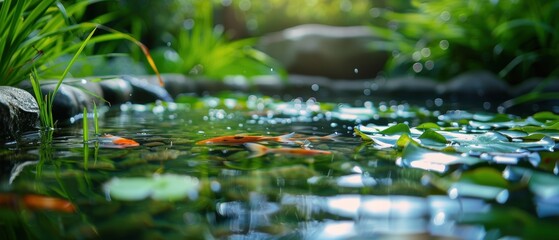 Serene Scene of Fish Swimming in Crystal Clear Pond Amid Lush Greenery