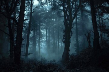 Fototapeta premium A Silhouetted Forest Path Through Thick Fog