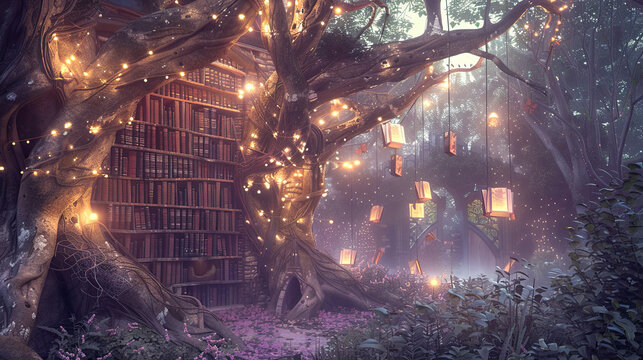 Enchanted forest library with glowing lights old books fairytale ambiance magical whimsical treehouse nature woods imagination wonder fantasy book lovers reading nook