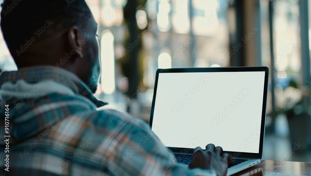 Poster a man using a laptop with a blank screen in a coffee shop