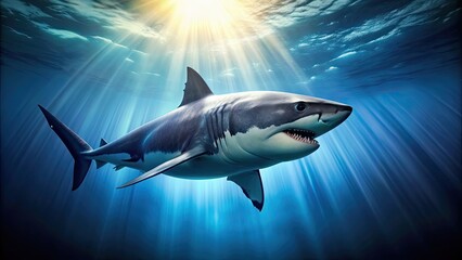 Fototapeta premium Powerful shark swimming in the deep ocean, predator, fierce, underwater, marine life, danger, ocean, wildlife, teeth