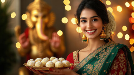 Young indian woman in traditional attire holding laddoo plate
