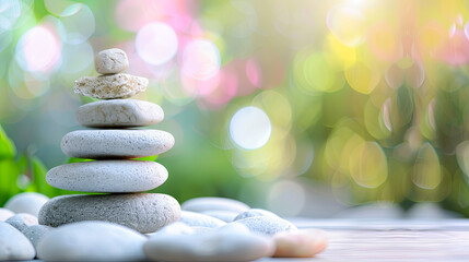 Obraz premium Balance stones stacked on blurred nature background Zen spiritual practice Concept for wellness meditation mindfulness relaxation harmony spa therapy rock arrangement calmness spirituality