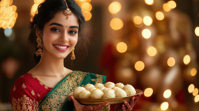 Young indian woman in traditional attire holding laddoo plate