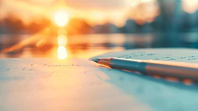 A closeup of a silver fountain pen resting on a notebook open to handwritten notes bathed in golden evening light evocative of inspiration ideas planning and productivity