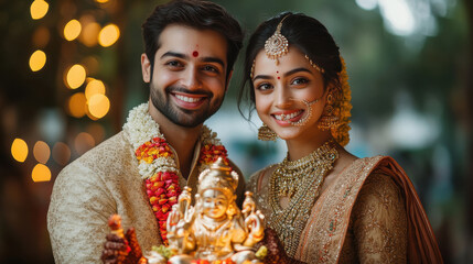 Young indian couple celebrating lord ganesha festival.