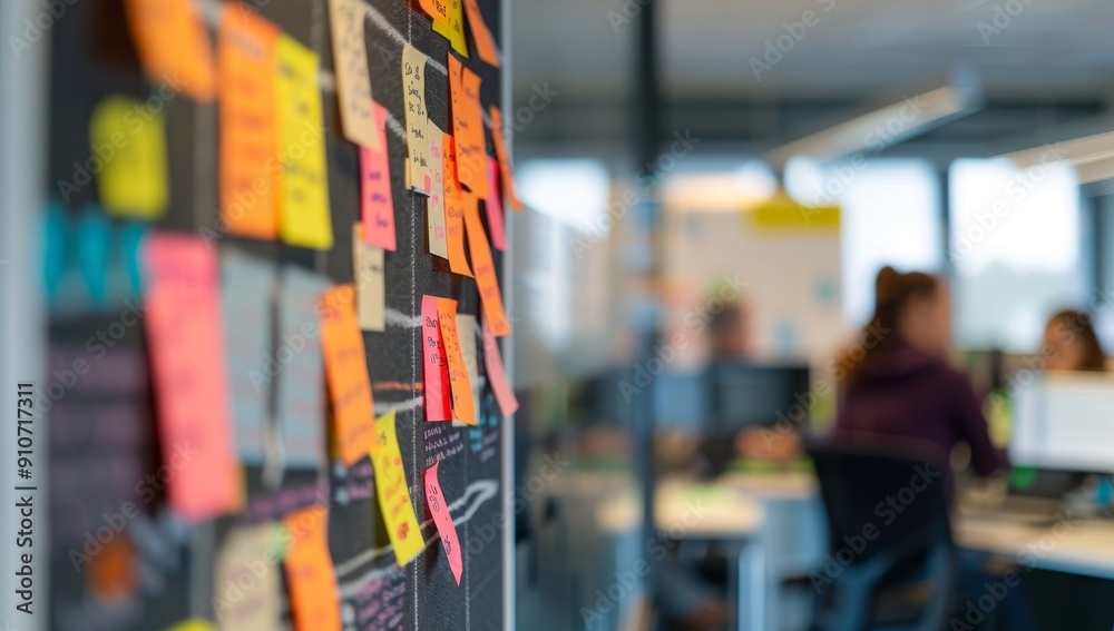 Poster a close-up of a wall covered in sticky notes in a modern office setting