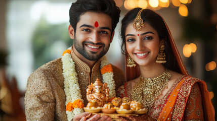 Young indian couple celebrating lord ganesha festival.