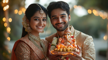 Young indian couple celebrating lord ganesha festival.