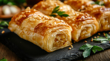 close-up of golden, flaky phyllo rolls filled with melting cheese and adorned with fresh herbs on an elegant slate serving platter