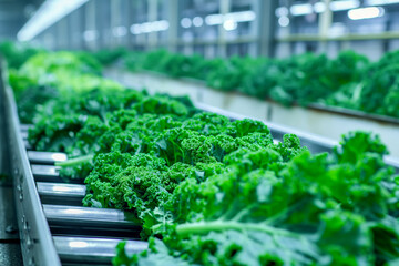 Fresh Kale on Conveyor Belt in Modern Food Processing Plant