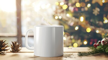 White Mug with Steam on a Wooden Table with Blurred Christmas Tree Background