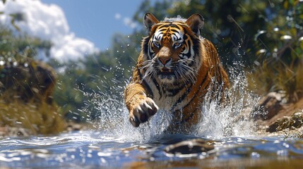 Tiger running through water with splashes on a sunny day.